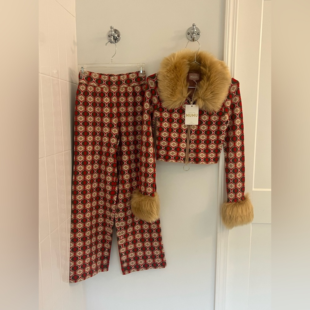 Show me your mumu Zermatt Faux Fur Zip Up in Brown Geo Jacquard top and bottom!